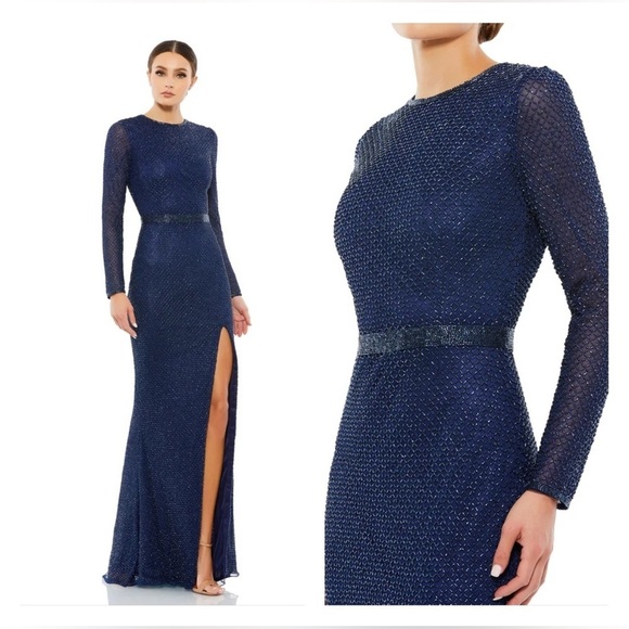 Mac Duggal 5056 NWOT Beaded High Neck Long Sleeve Gown With Detailed Belt - Picture 1 of 7